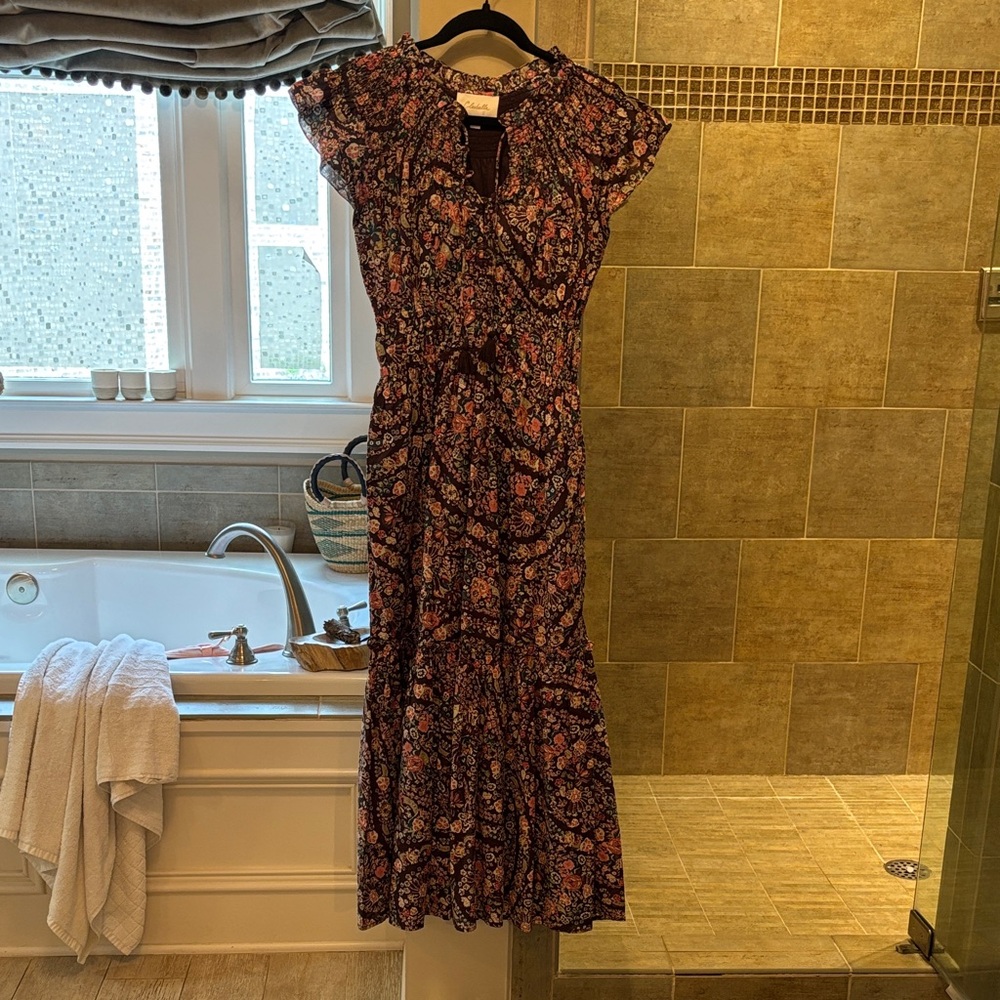 Cleobella Brown Floral Midi Dress with Ruffle Cap Sleeves - Picture 1 of 5
